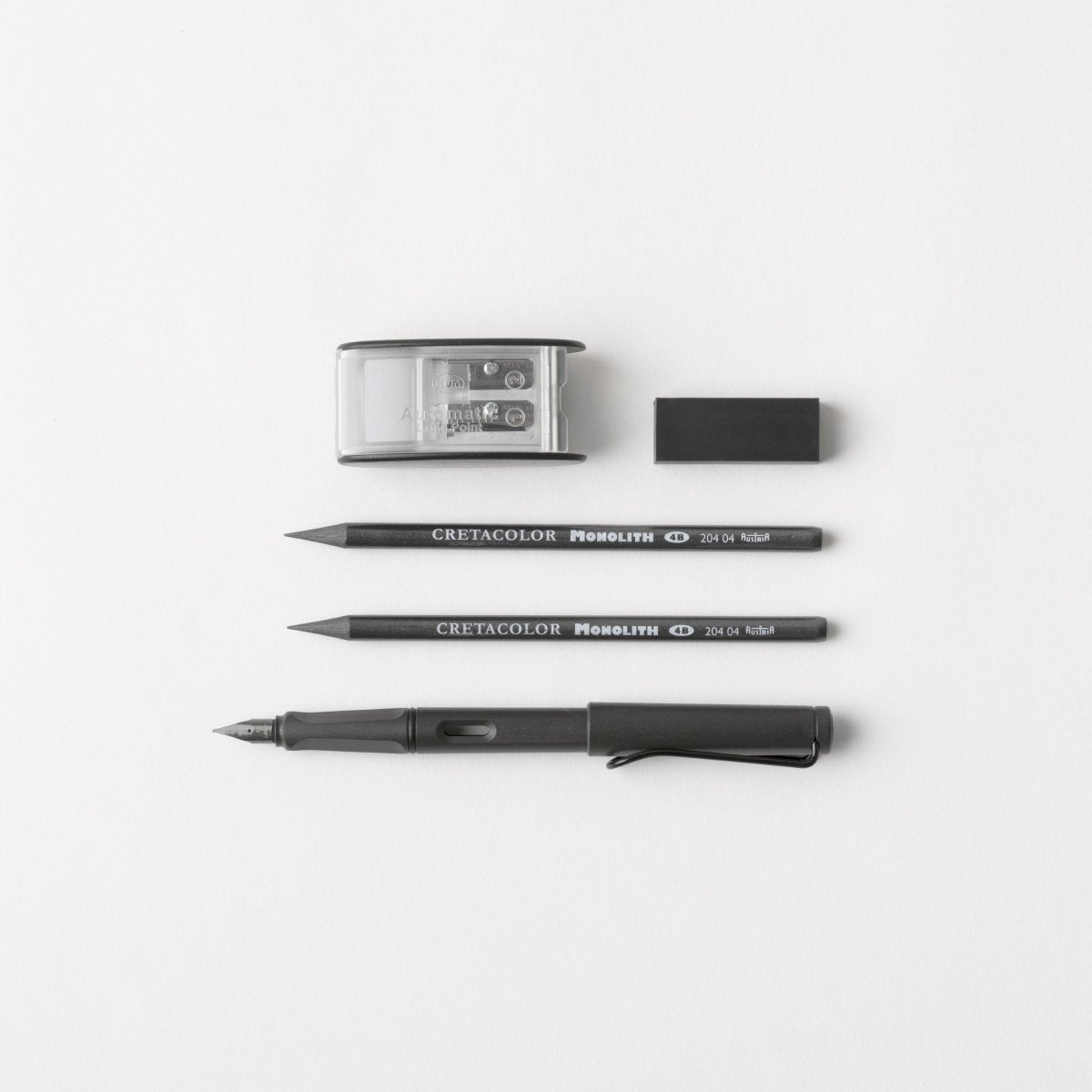 Autotype Black Set - Palomino Blackwing Pencil - Pentel Hi-Polymer Ain Eraser - Monolith Woodless Graphite Pencil - Lamy Safari Fountain Pen