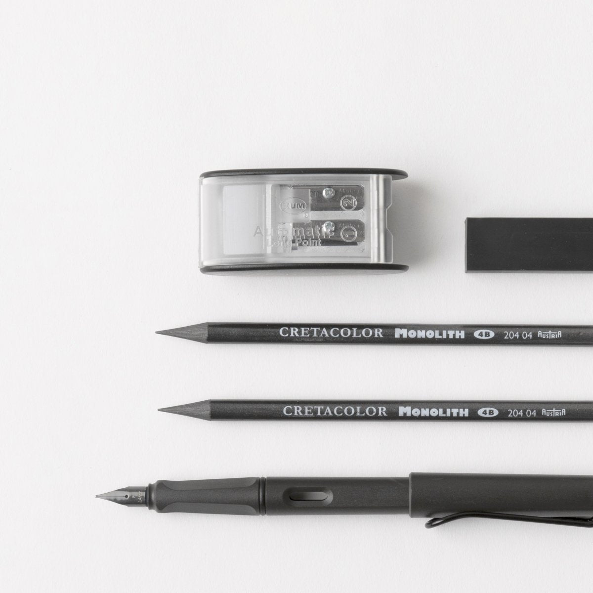 Autotype Black Set - Palomino Blackwing Pencil - Pentel Hi-Polymer Ain Eraser - Monolith Woodless Graphite Pencil - Lamy Safari Fountain Pen