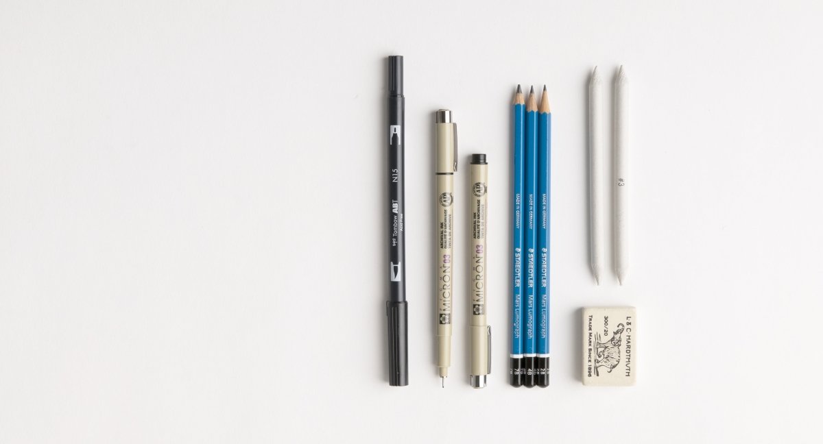 Drawing Set - Sakura Pigma Micron Ink Pen - Koh-l-Noor Elephant Eraser - Jack Richeson Stomp Blender - Mars Lumograph Premium Pencil - Tombow Dual Brush Pen Art Marker - By Autotype