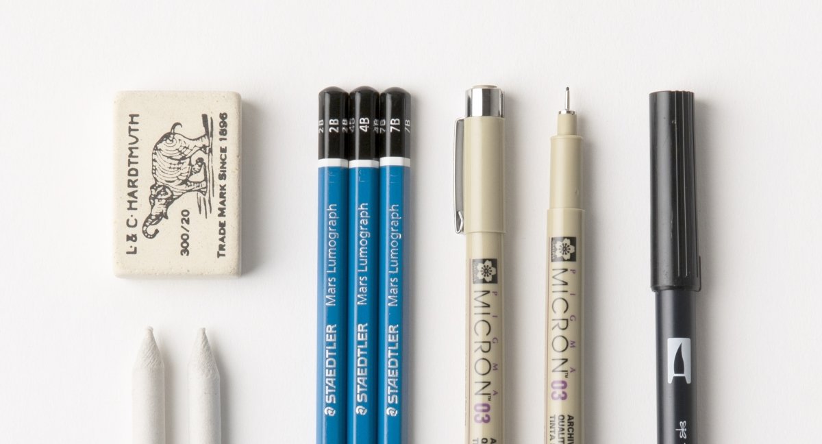 Drawing Set - Sakura Pigma Micron Ink Pen - Koh-l-Noor Elephant Eraser - Jack Richeson Stomp Blender - Mars Lumograph Premium Pencil - Tombow Dual Brush Pen Art Marker - By Autotype